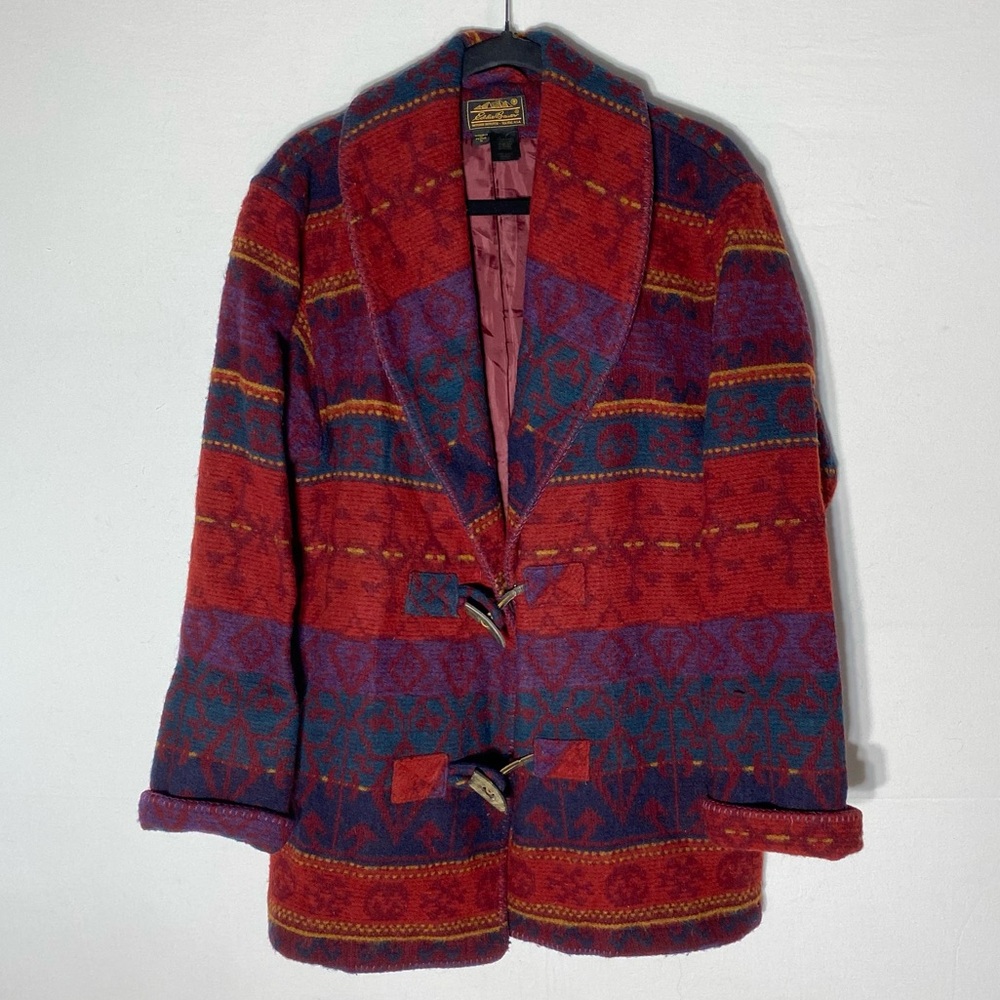 Vintage Eddie Bauer Red Purple Southwestern Print Wool Blanket Barn Coat M Chore